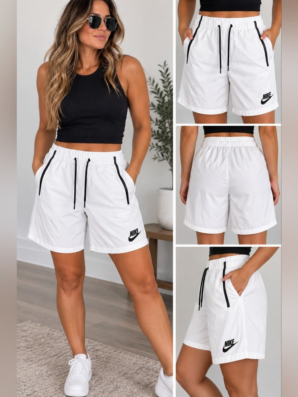 Nike Women’s Sportswear Woven Shorts White Black Size M NWT Athletic Running